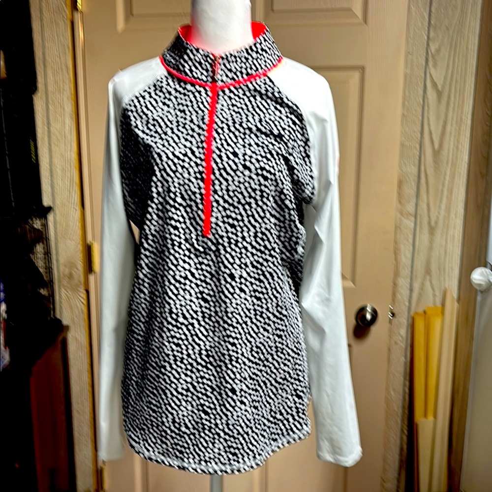 Jofit Gray and White Polka Dot Top with Red Trim
